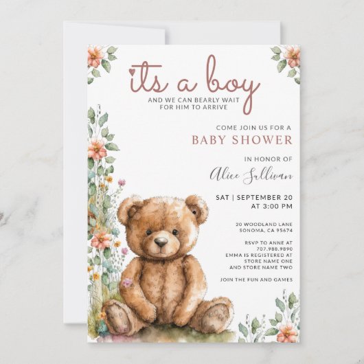 Invitation Aquarelle Teddy Bear Baby shower garçon (Devant)