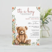 Invitation Aquarelle Teddy Bear Baby shower garçon (Debout devant)