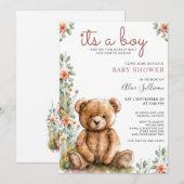 Invitation Aquarelle Teddy Bear Baby shower garçon (Devant / Derrière)