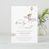 Invitation Aquarelle Teddy Bear Balloon Baby shower rose (Debout devant)