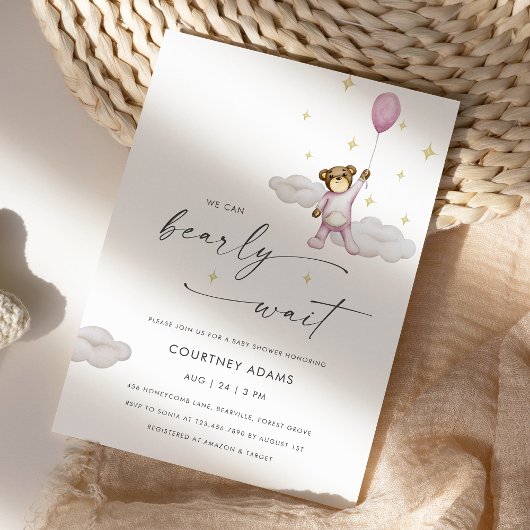 Invitation Aquarelle Teddy Bear Balloon Baby shower rose