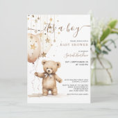 Invitation Aquarelle Teddy Bear Balloons Baby shower garçon (Debout devant)