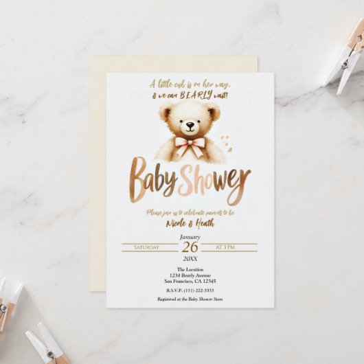 Invitation Aquarelle Teddy Bear Bearly Wait Baby shower (Devant/Arrière en situation)