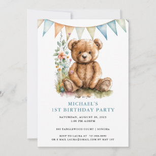 Invitation Aquarelle Teddy Bear Bleu 1er anniversaire