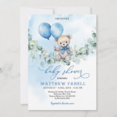 Invitation Aquarelle Teddy Bear Bleu et Baby shower de ballon (Devant)