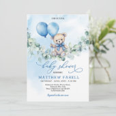 Invitation Aquarelle Teddy Bear Bleu et Baby shower de ballon (Debout devant)