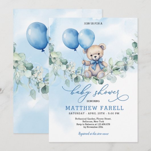 Invitation Aquarelle Teddy Bear Bleu et Baby shower de ballon (Devant / Derrière)