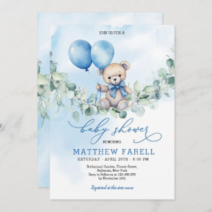 Invitation Aquarelle Teddy Bear Bleu et Baby shower de ballon