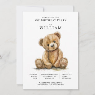 Invitation Aquarelle Teddy Bear Boy 1er anniversaire