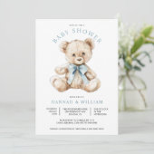 Invitation Aquarelle Teddy Bear Boy Baby shower bleu (Debout devant)