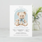 Invitation Aquarelle Teddy Bear Boy Baby shower bleu (Debout devant)