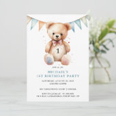 Invitation Aquarelle Teddy Bear Boy Blue 1er anniversaire (Debout devant)