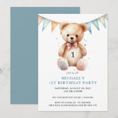 Invitation Aquarelle Teddy Bear Boy Blue 1er anniversaire (Devant / Derrière)