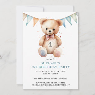 Invitation Aquarelle Teddy Bear Boy Blue 1er anniversaire