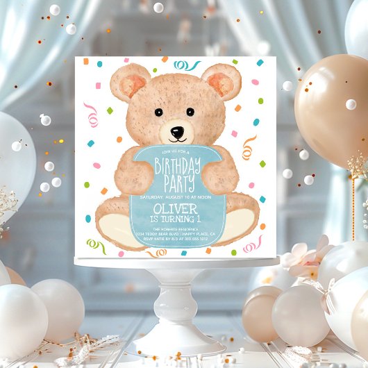 Invitation Aquarelle Teddy Bear Confetti Boy Anniversaire