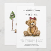 Invitation Aquarelle Teddy Bear Girl 1er anniversaire (Devant / Derrière)