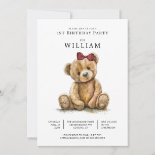 Invitation Aquarelle Teddy Bear Girl 1er anniversaire