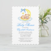 Invitation Aquarelle Teddy Bear Lune Baby shower bleu (Debout devant)