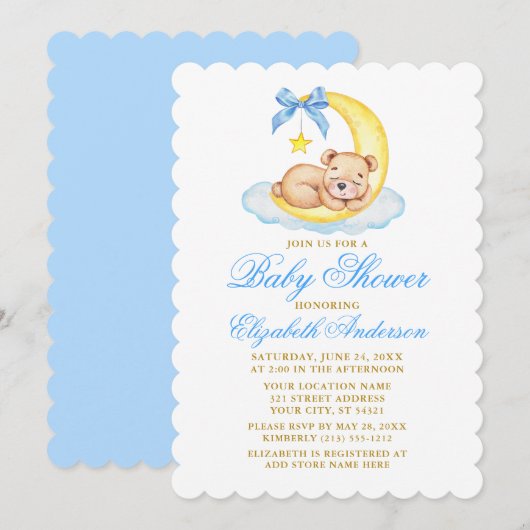 Invitation Aquarelle Teddy Bear Lune Baby shower or (Devant / Derrière)