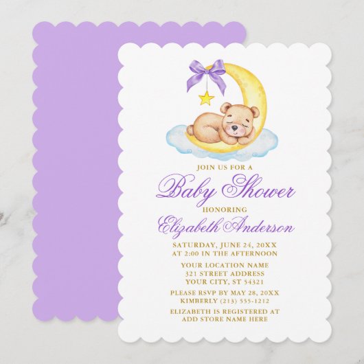 Invitation Aquarelle Teddy Bear Lune Baby shower pourpre (Devant / Derrière)