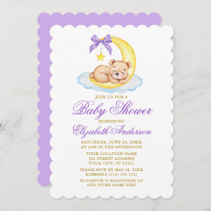 Invitation Aquarelle Teddy Bear Lune Baby shower pourpre