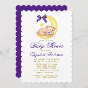 Invitation Aquarelle Teddy Bear Lune Purple Baby shower