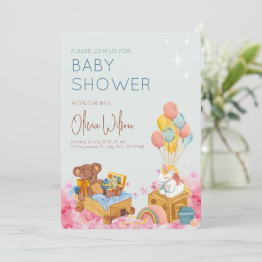 Invitation Aquarelle Teddy Ours avec ballon Oh Baby shower (Debout devant)