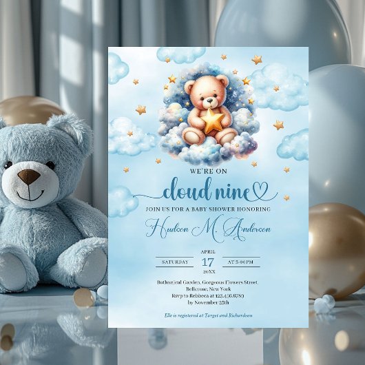 Invitation Aquarelle teddy ourson nuage neuf Baby shower garç