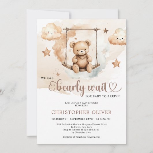 Invitation Aquarelle teinte brune neutre teddy ours sur balan (Devant)