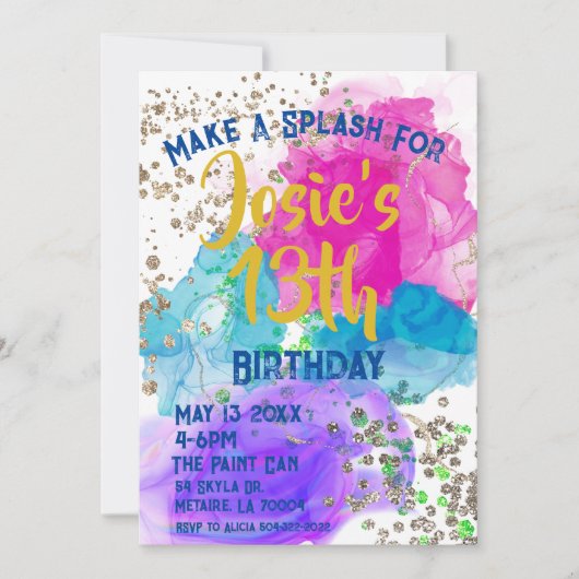 Invitation Aquarelle teinture teinture teint Splash Anniversa (Devant)