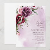 Invitation Aquarelle tendance boho mauve et roses bordeaux (Devant / Derrière)