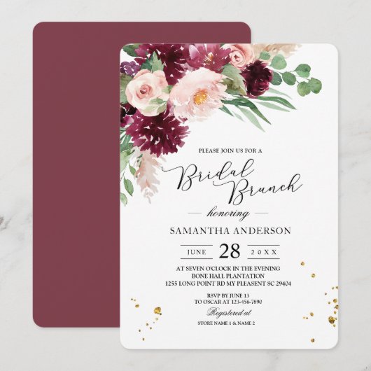 Invitation Aquarelle tendance Burgundy Blush Rose Floral  (Devant / Derrière)
