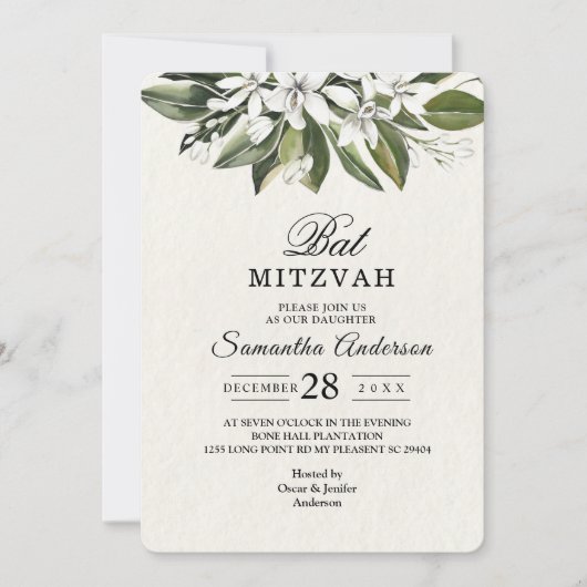 Invitation Aquarelle tendance Fleurs blanches & Feuilles (Devant)