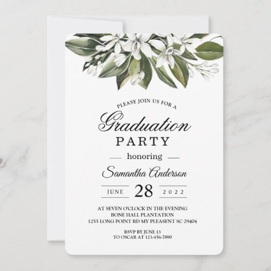 Invitation Aquarelle tendance Fleurs blanches & Feuilles (Devant)