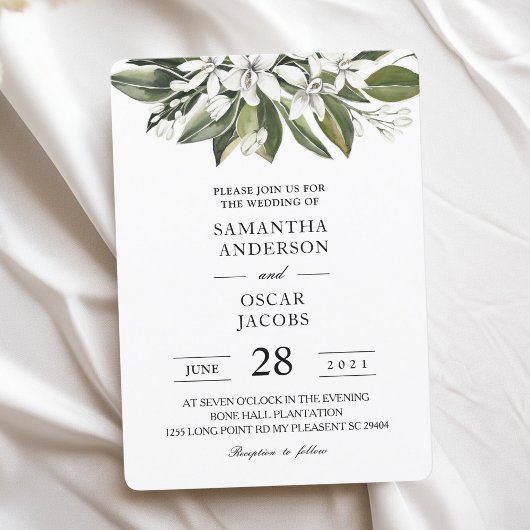 Invitation Aquarelle tendance Fleurs blanches & Feuilles