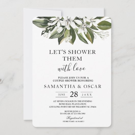 Invitation Aquarelle tendance Fleurs blanches & Feuilles (Devant)