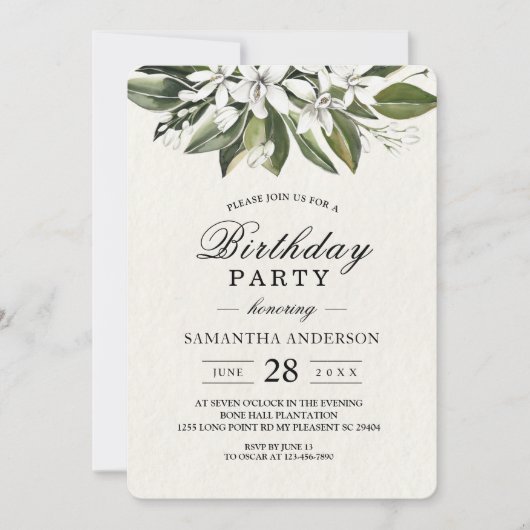 Invitation Aquarelle tendance Fleurs blanches & Feuilles (Devant)