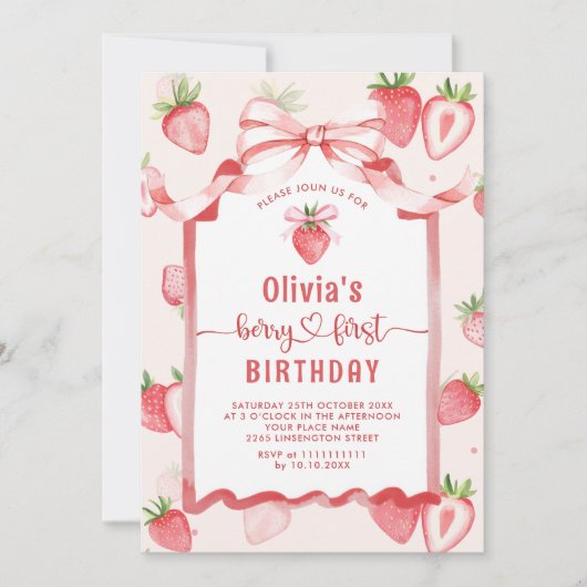 Invitation Aquarelle tendance fraise bébé premier anniversair (Devant)