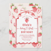 Invitation Aquarelle tendance fraise bébé premier anniversair (Devant / Derrière)