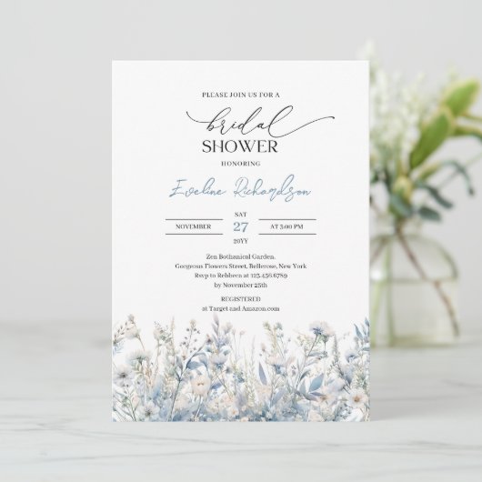 Invitation Aquarelle tendance hiver bleu poussiéreux fleur sa (Debout devant)