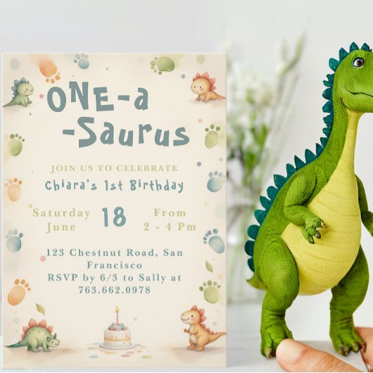 Invitation Aquarelle tendance One-a-Saurus Premier 1er annive