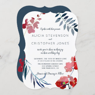 Invitation Aquarelle tendance rouge et mariage floral marine