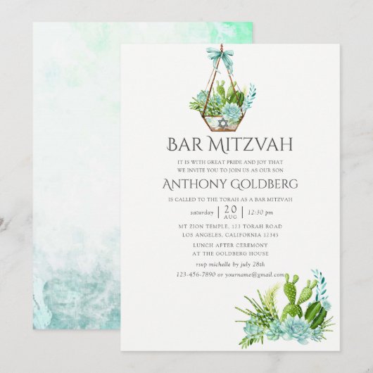 Invitation Aquarelle tendance Succulents Bar Mitzvah (Devant / Derrière)