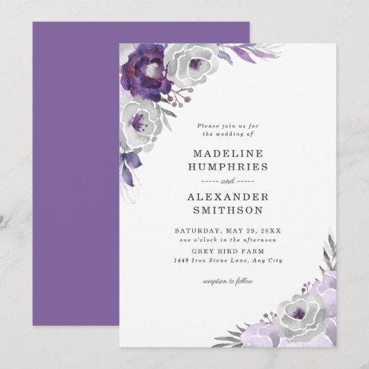 Invitation Aquarelle tendance violet gris gris Mariage floral (Devant / Derrière)