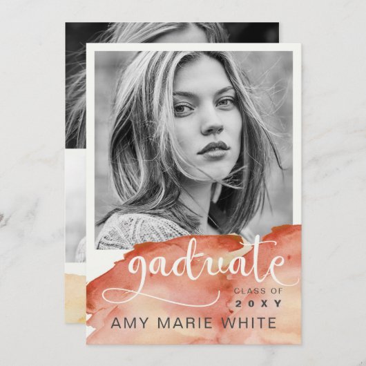 Invitation Aquarelle Terracotta Script Photo Graduation (Devant / Derrière)