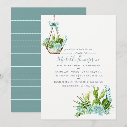 Invitation Aquarelle Terrarium en verre Baby shower de succul (Devant / Derrière)