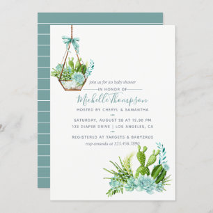 Invitation Aquarelle Terrarium en verre Baby shower de succul