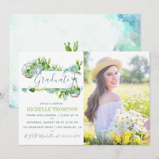 Invitation Aquarelle Terrarium en verre Succulent Graduation (Devant / Derrière)