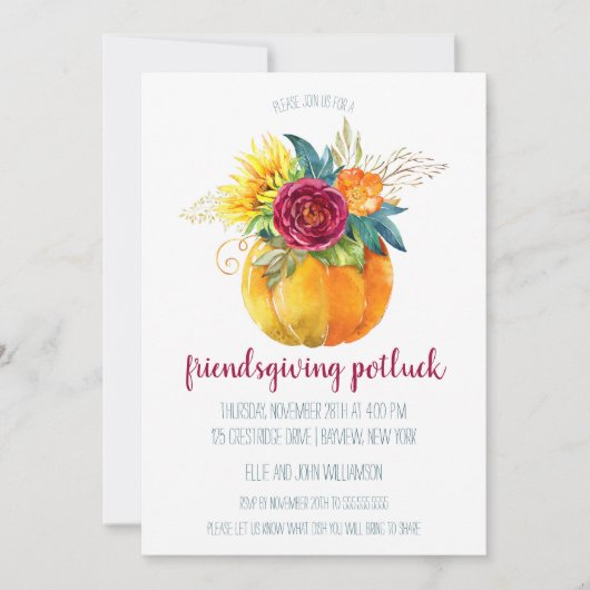 Invitation Aquarelle Thanksgiving Citrouille Vase Friendsgivi (Devant)