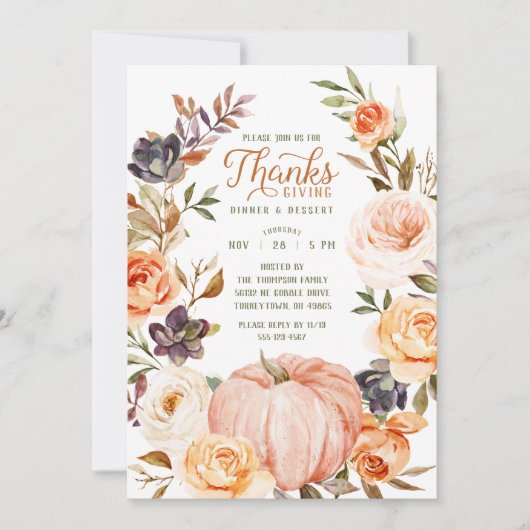 Invitation Aquarelle Thanksgiving Floral Citrouille Invitatio (Devant)